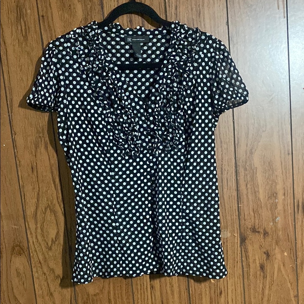 INC International Concepts Black and White Ruffled Bib Collar Blouse